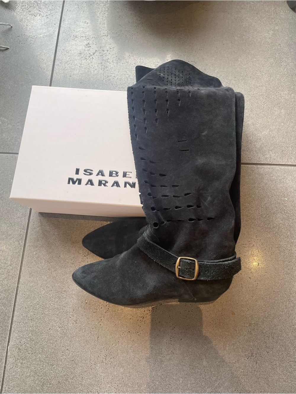Isabel Marant Black Suede Perforated Mid-Calf Boots